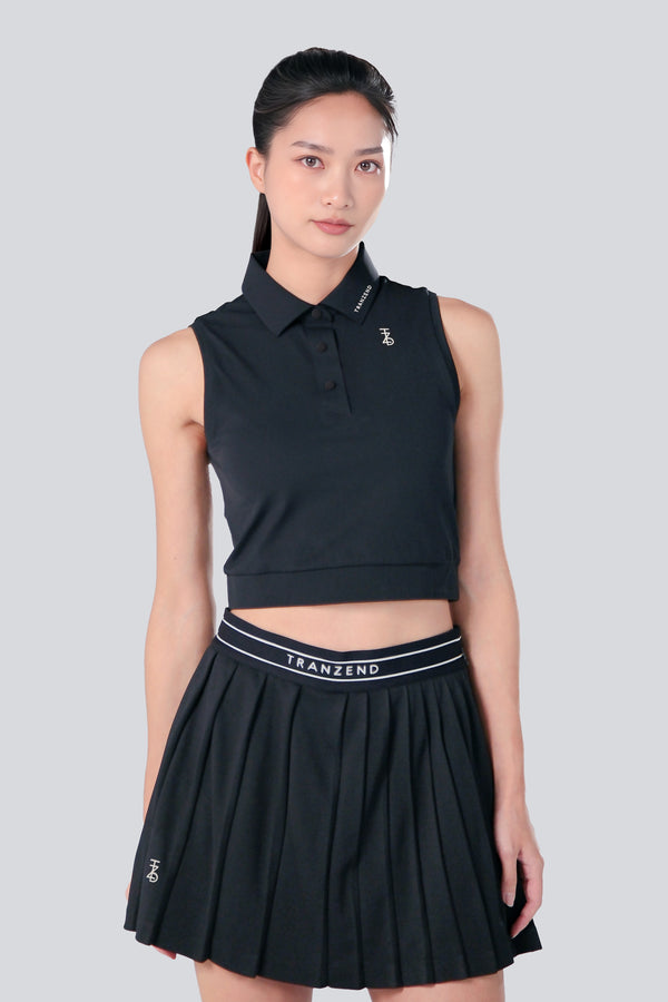 Sleeveless Cropped Polo - Women - Black - Cover