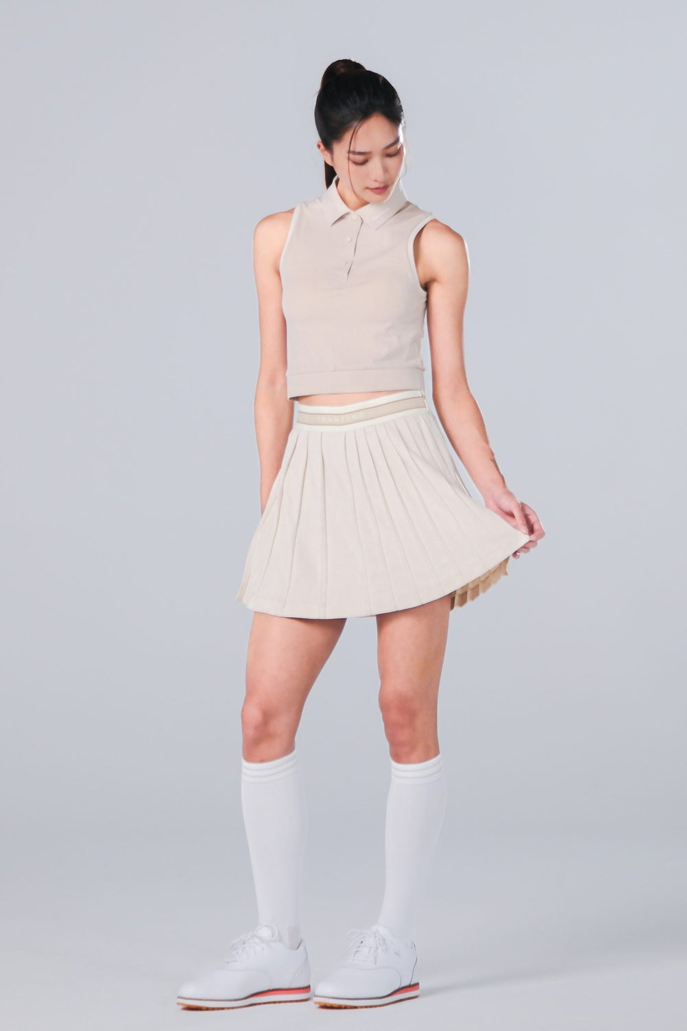 Sleeveless Cropped Polo - Women - Beige - Image 1